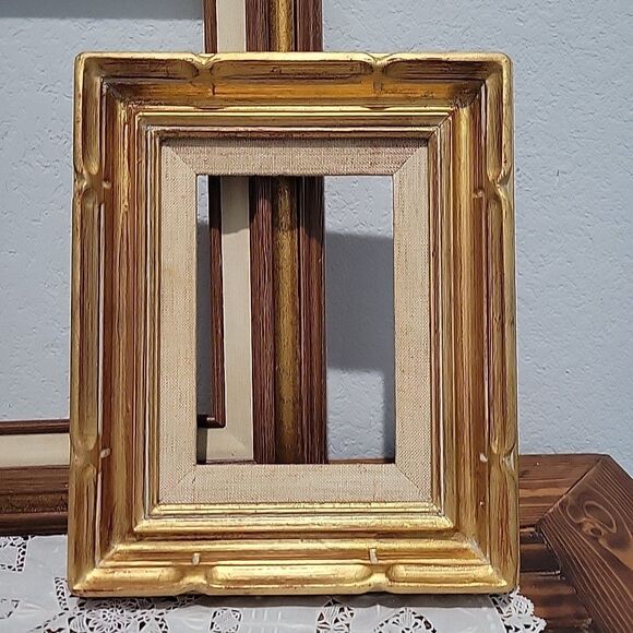 Pair Vtg MCM Wood Art Frames Linen Liner holds 9x12 & 5 x7 no glass Gallery Wall - Picture 2 of 15